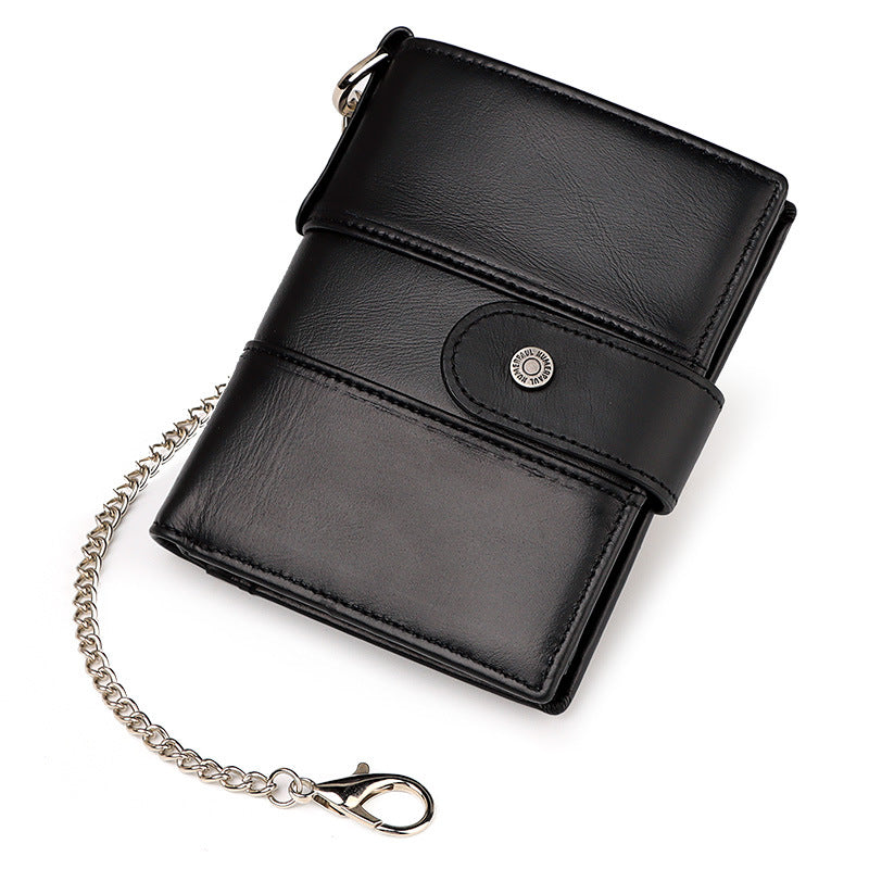 Black leather wallet with chain on a white background