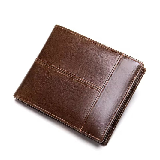 Brown genuine leather RFID wallet for men shown closed.