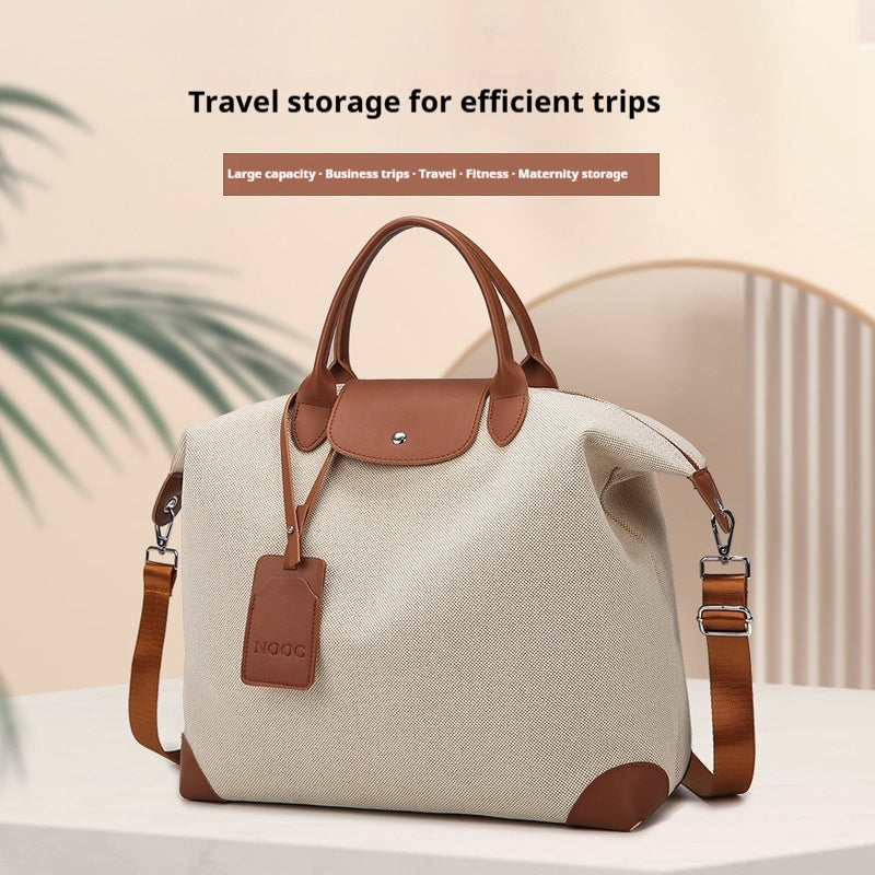 Beige travel bag with brown accents on a light background