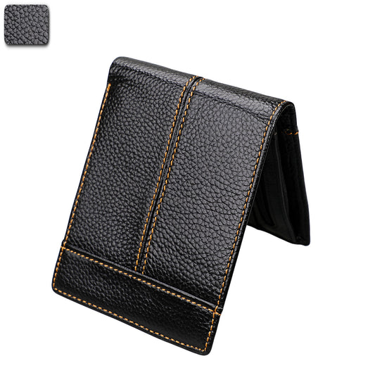 Black leather wallet with visible stitching on a white background