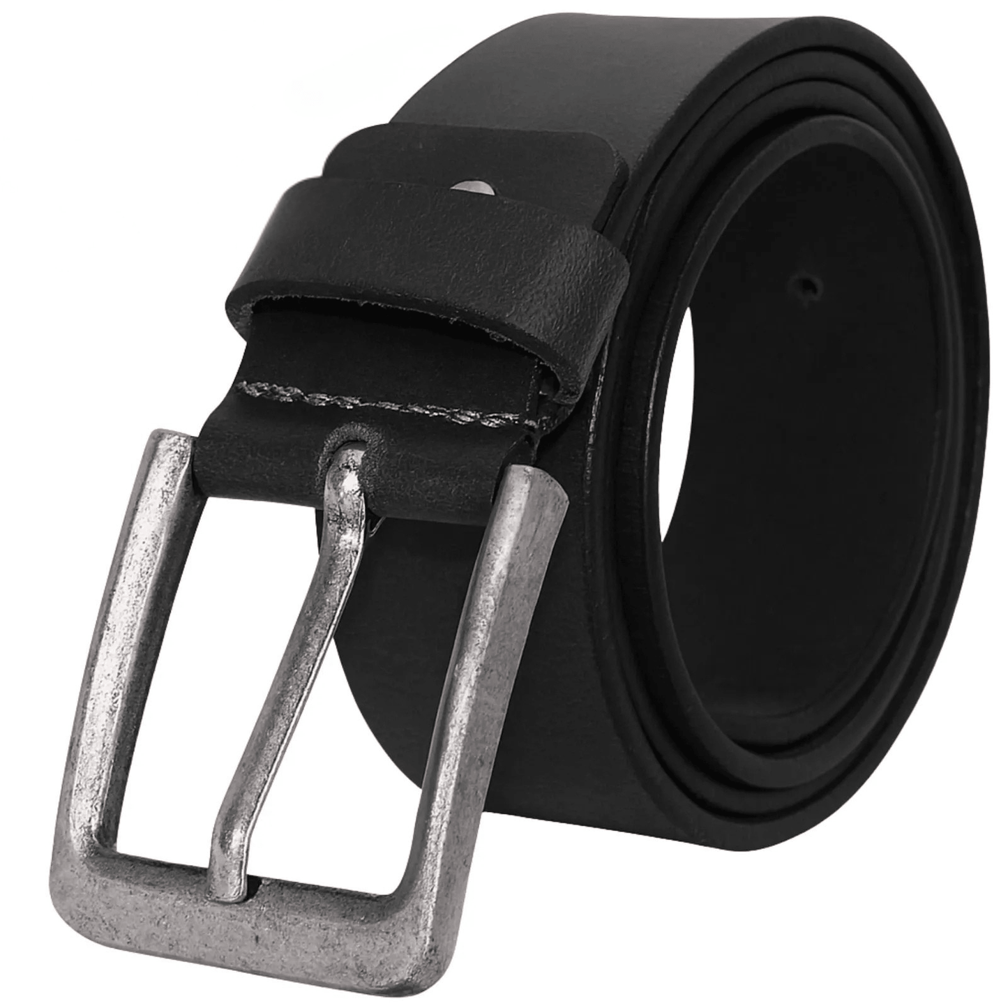 Black belt with a silver buckle on a white background