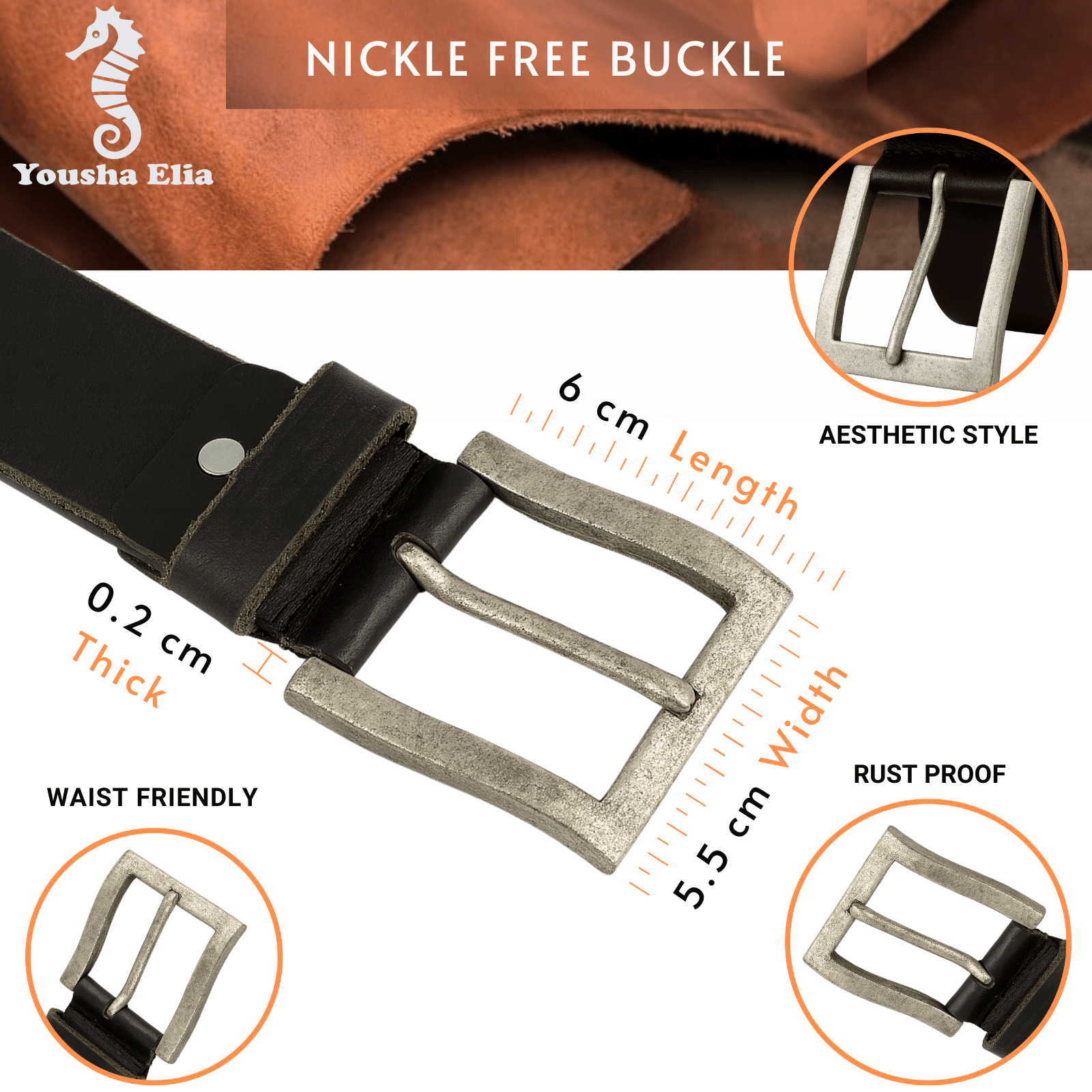 Black belt with nickel-free buckle, featuring dimensions and material details.