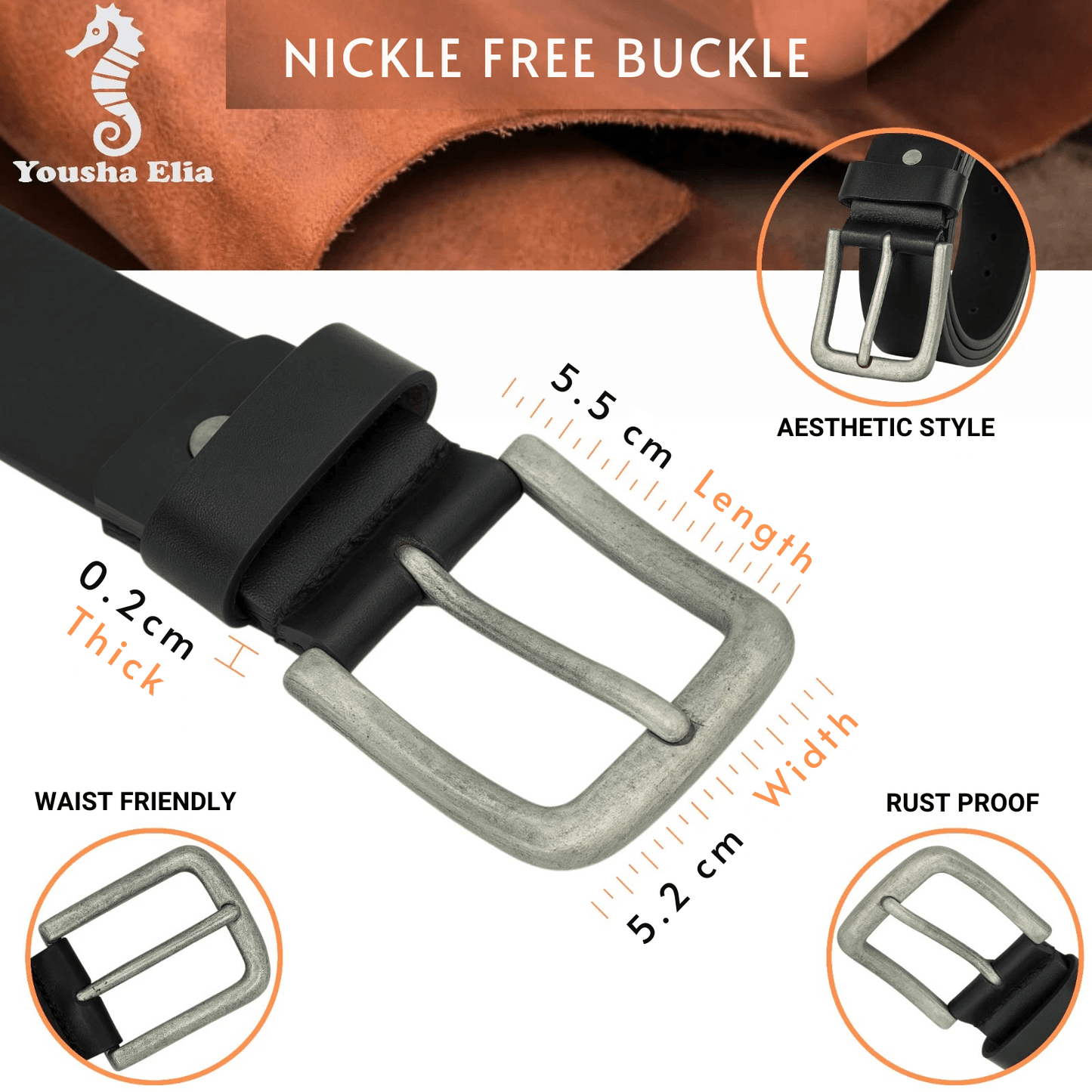 Black belt with silver buckle and product details on a white background