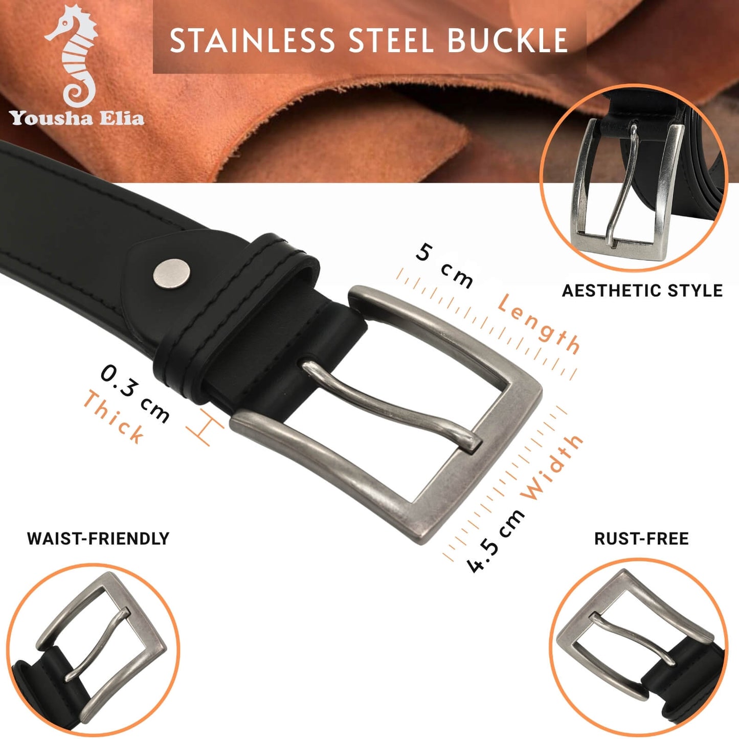 Black belt with stainless steel buckle, featuring details on buckle size and material.
