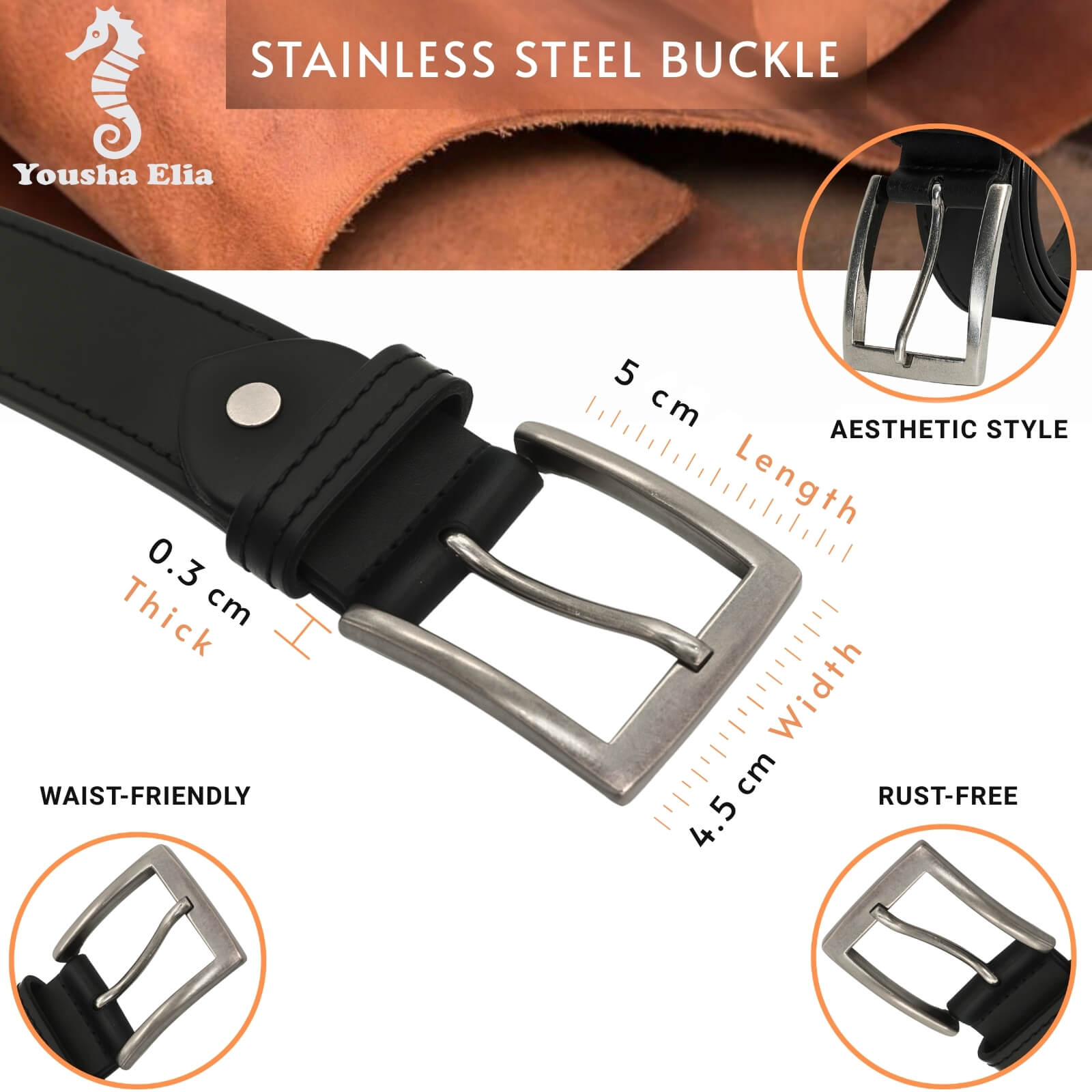 Black belt with stainless steel buckle, featuring details on buckle size and material.