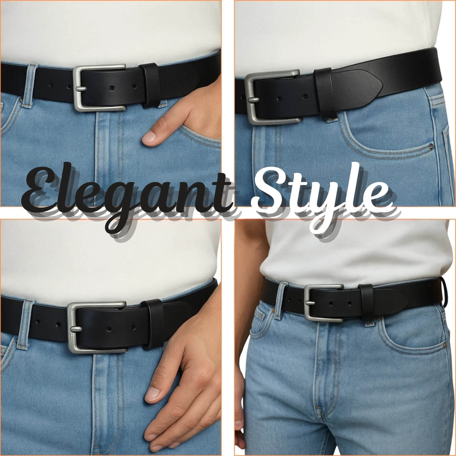 Black belt worn with light blue jeans, labeled 'Elegant Style'.