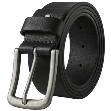 Black leather belt with a silver buckle on a white background