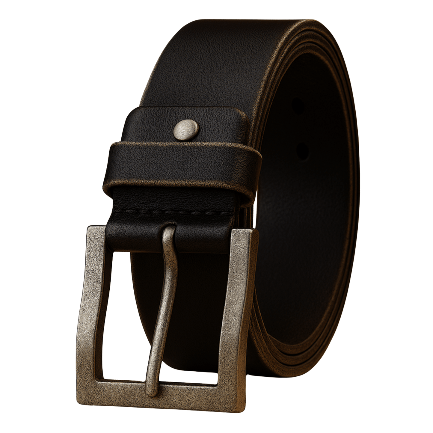 Black leather belt with a silver buckle on a white background