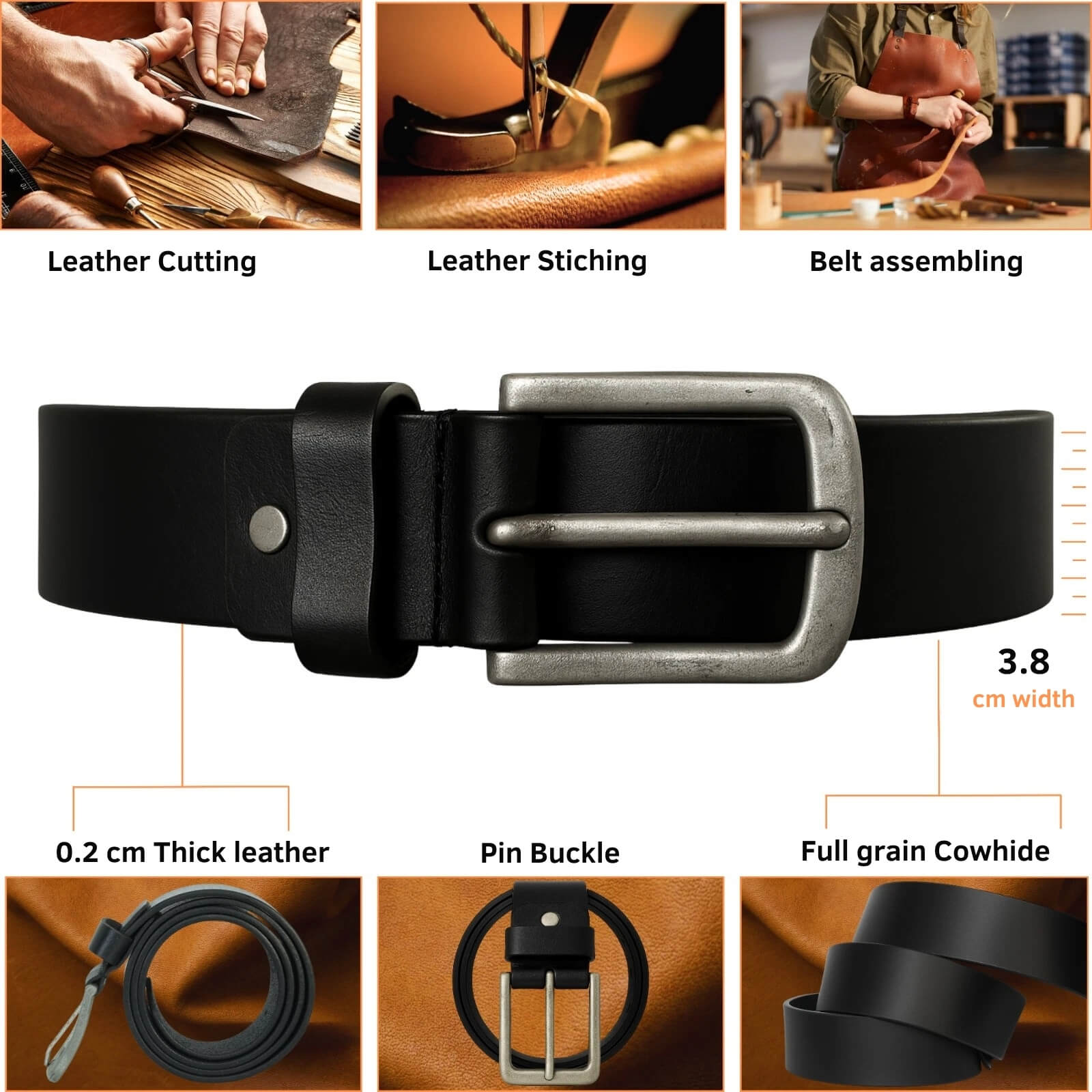 Black leather belt with pin buckle, shown with manufacturing process steps on a wooden background.