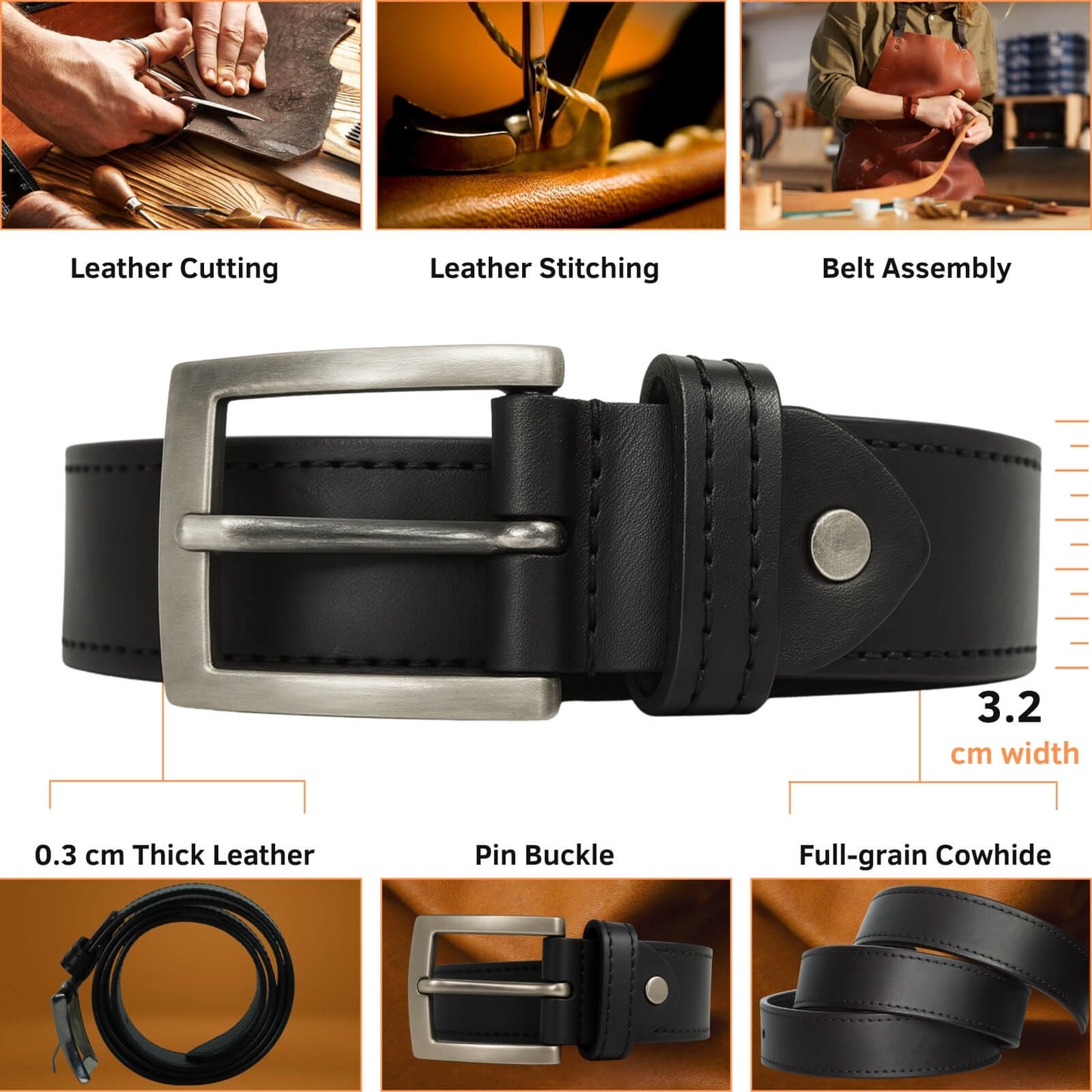 Black leather belt with silver buckle, shown with assembly steps and material details.