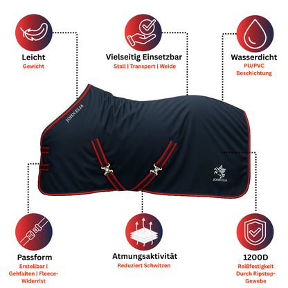 Navy horse blanket with red accents and John Ella branding, featuring product features on a white background.