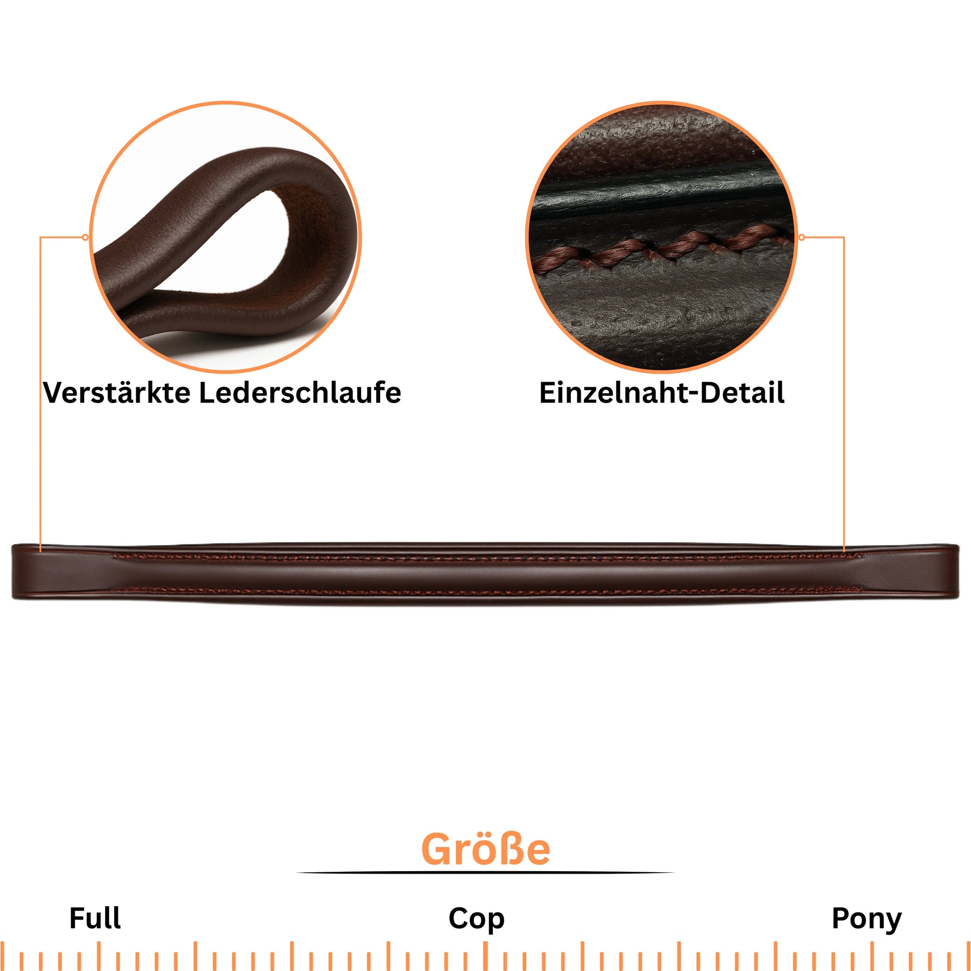 Brown leather bridle with detailed features and size measurement scale on a white background