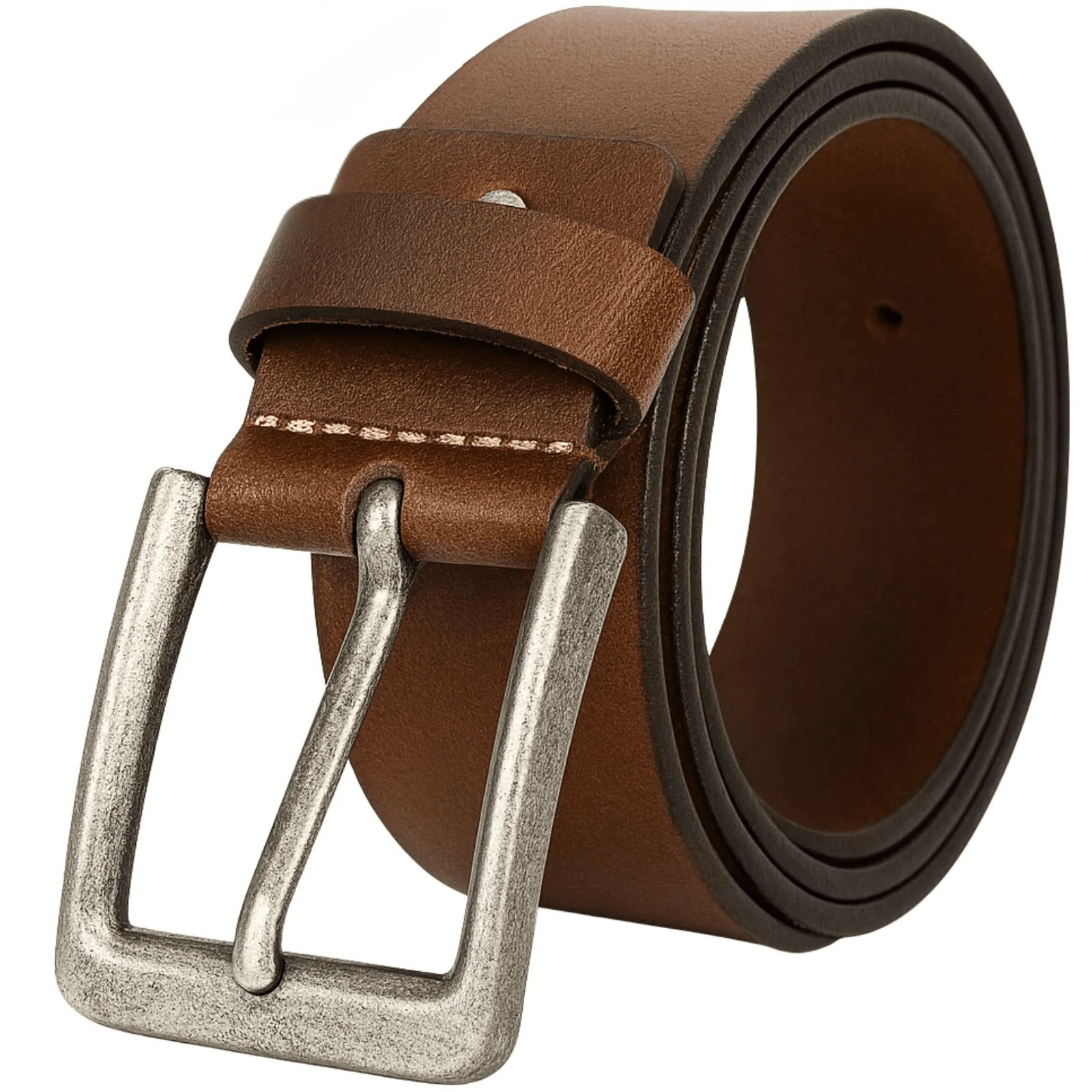 Brown leather belt with a silver buckle on a white background