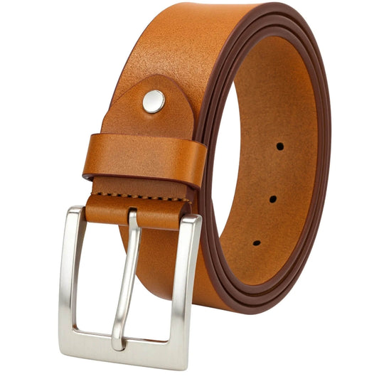 Brown leather belt with a silver buckle on a white background