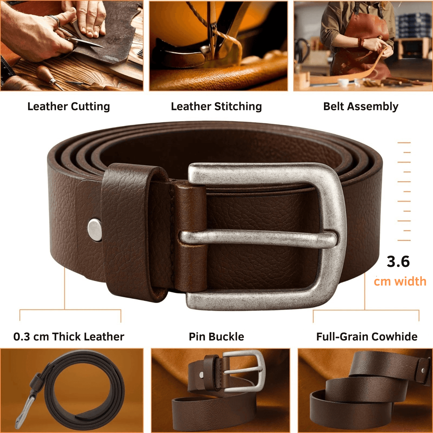 Brown leather belt with silver buckle, shown with assembly steps and material details.