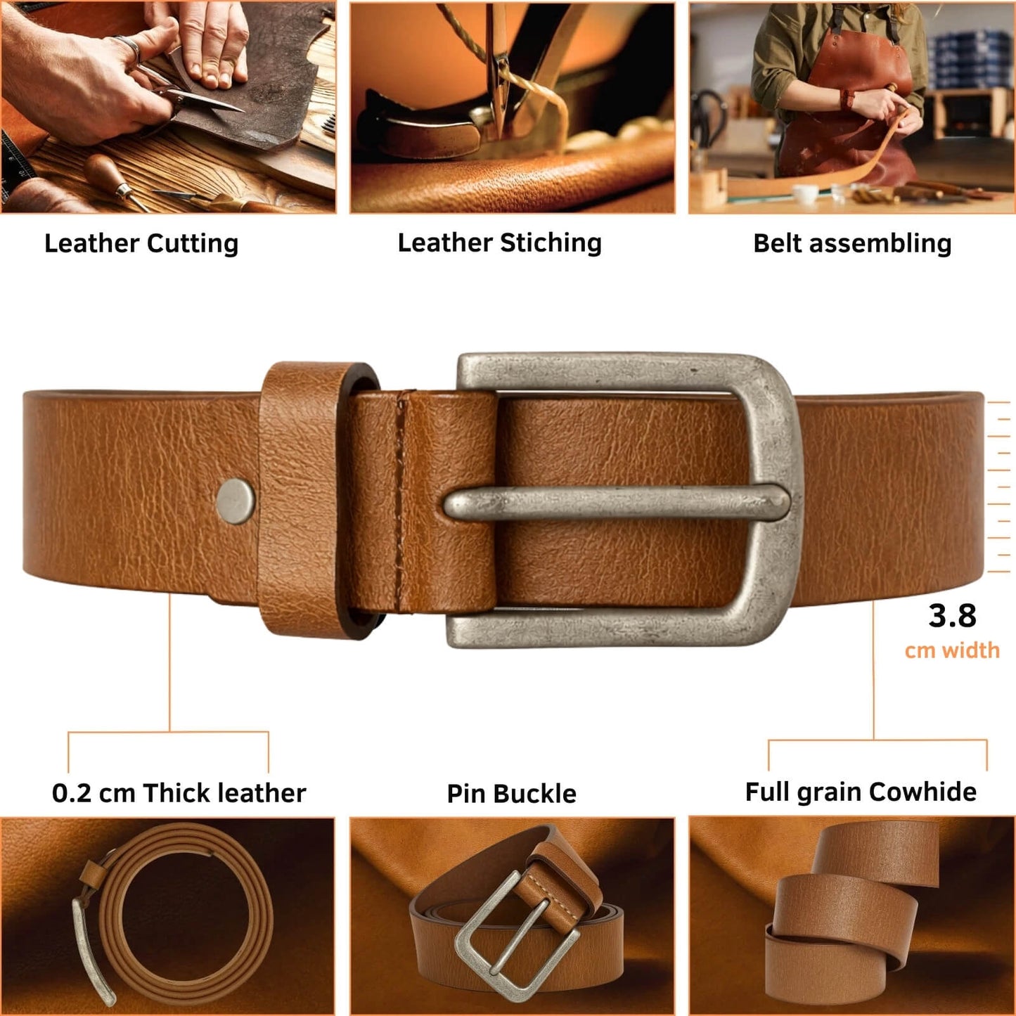 Brown leather belt with metal buckle, showing manufacturing process steps on a wooden background.