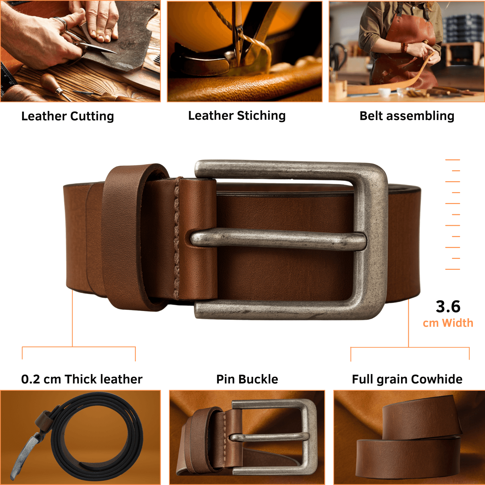 Brown leather belt with metal buckle, shown with assembly steps and product details.