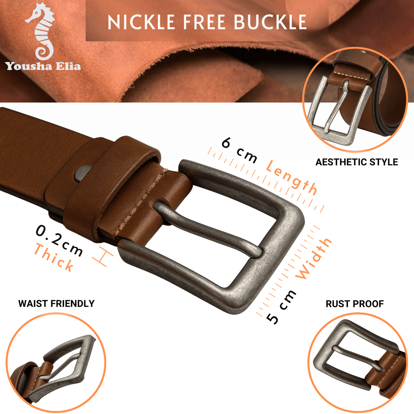 Brown leather belt with nickel-free buckle, featuring specifications and brand name.