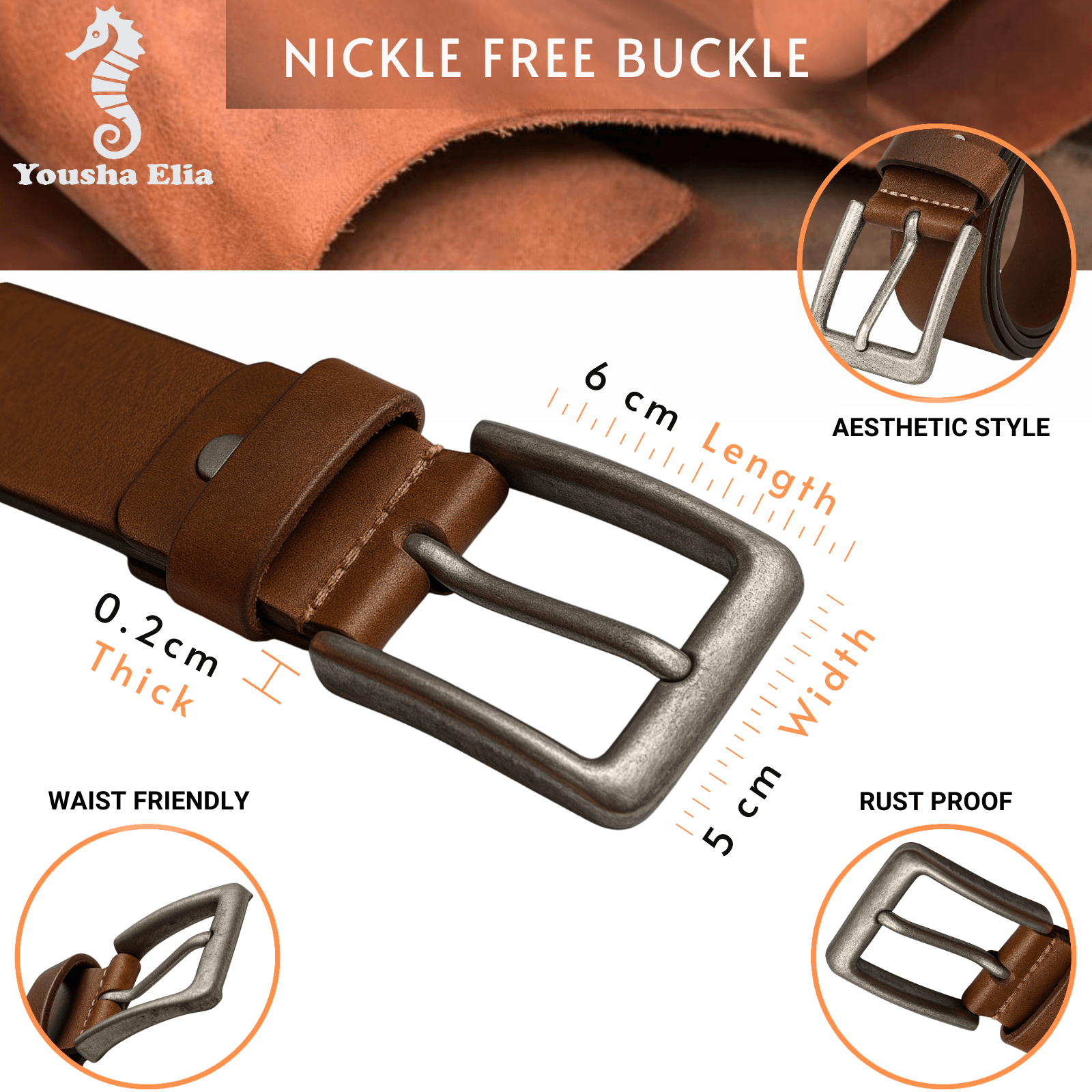 Brown leather belt with nickel-free buckle, featuring specifications and brand name.
