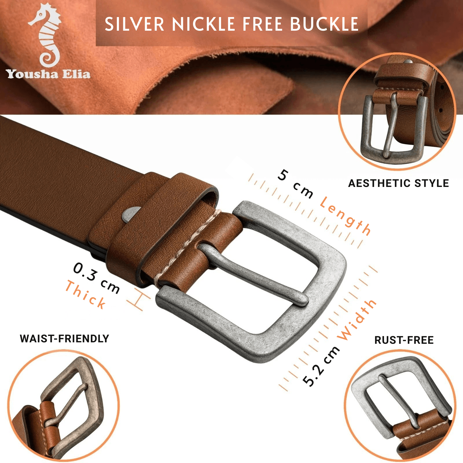 Brown leather belt with silver buckle, featuring specifications and brand name.