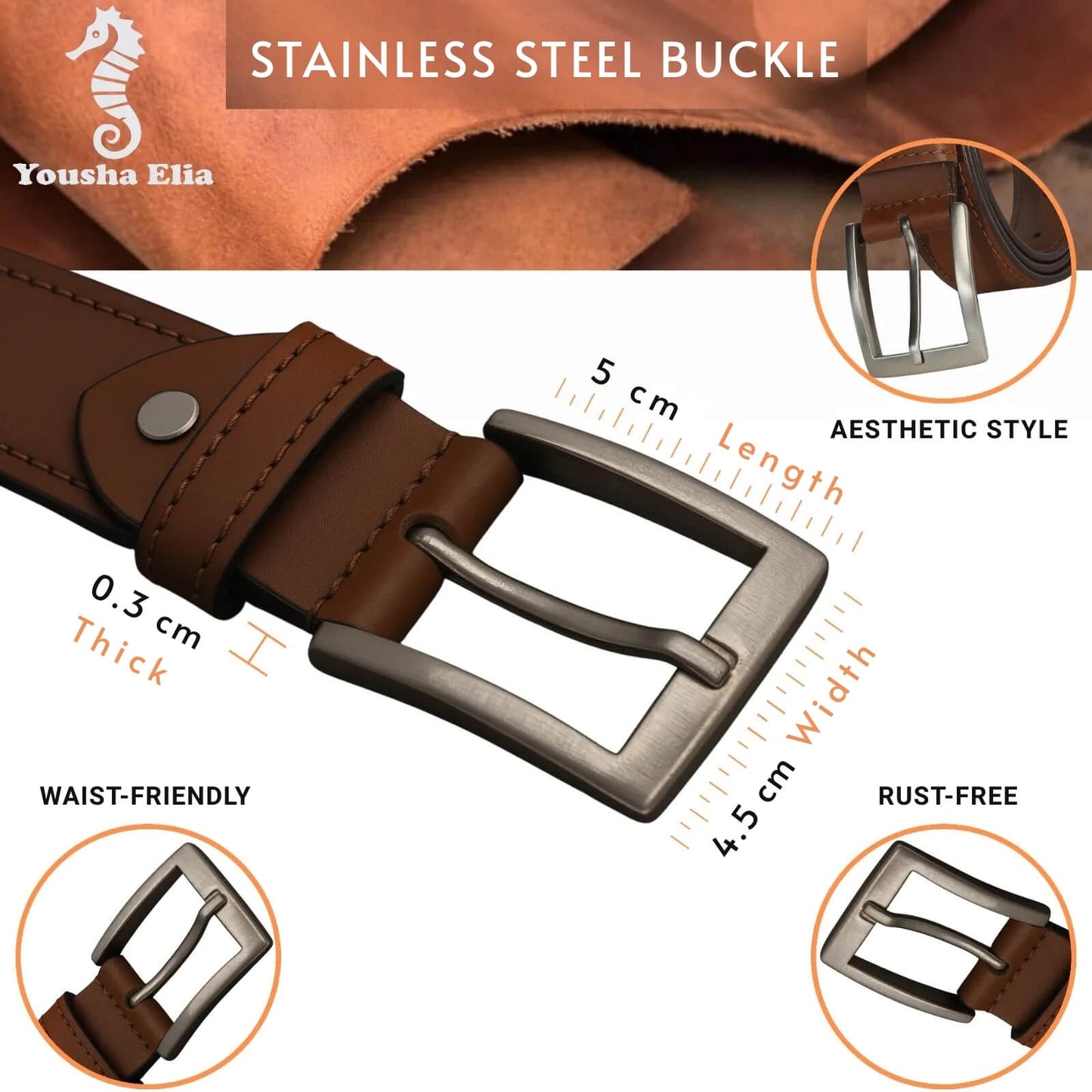 Brown leather belt with stainless steel buckle, showing measurements and features.