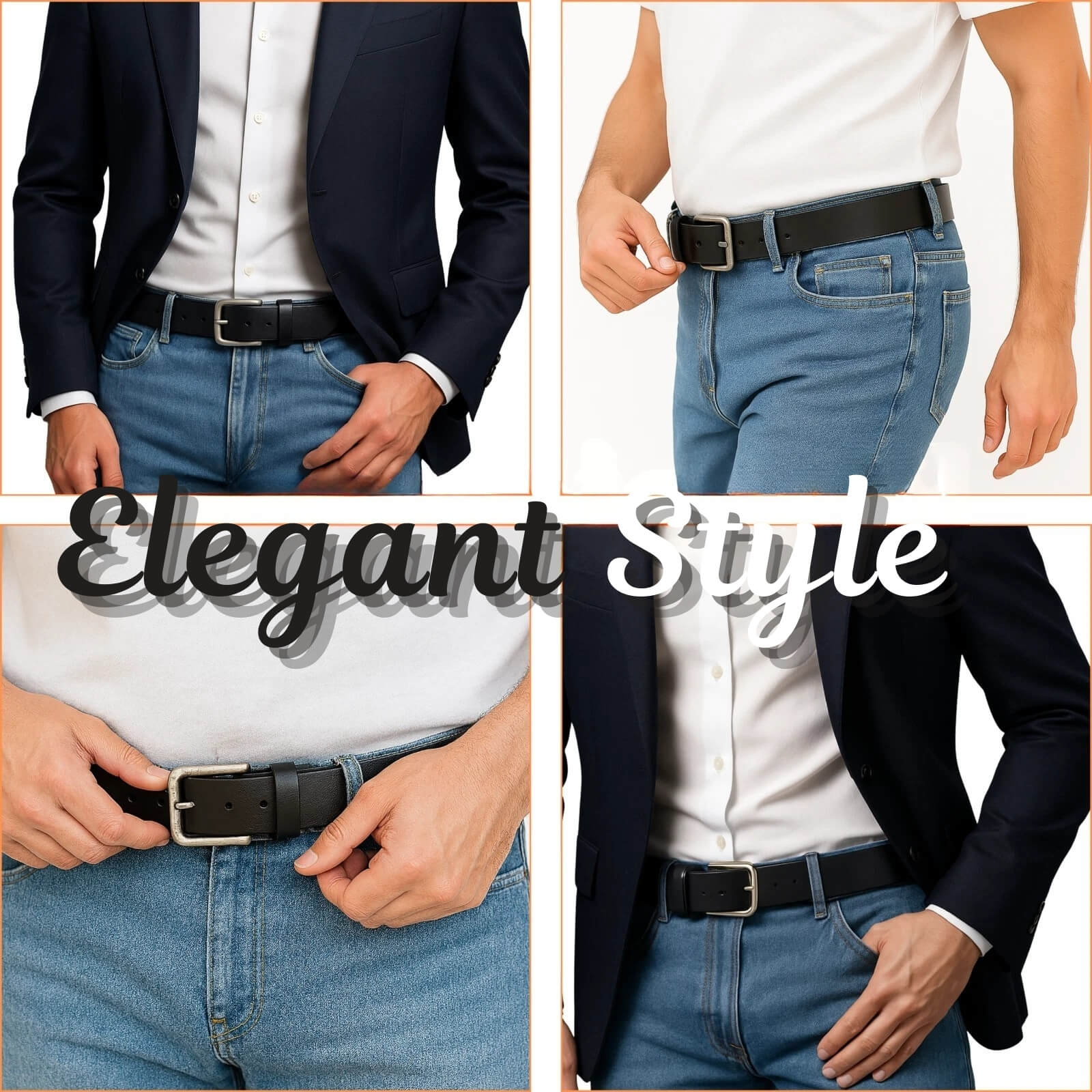 Collage of a person wearing a suit, white shirt, blue jeans, and black belt with 'Elegant Style' text.