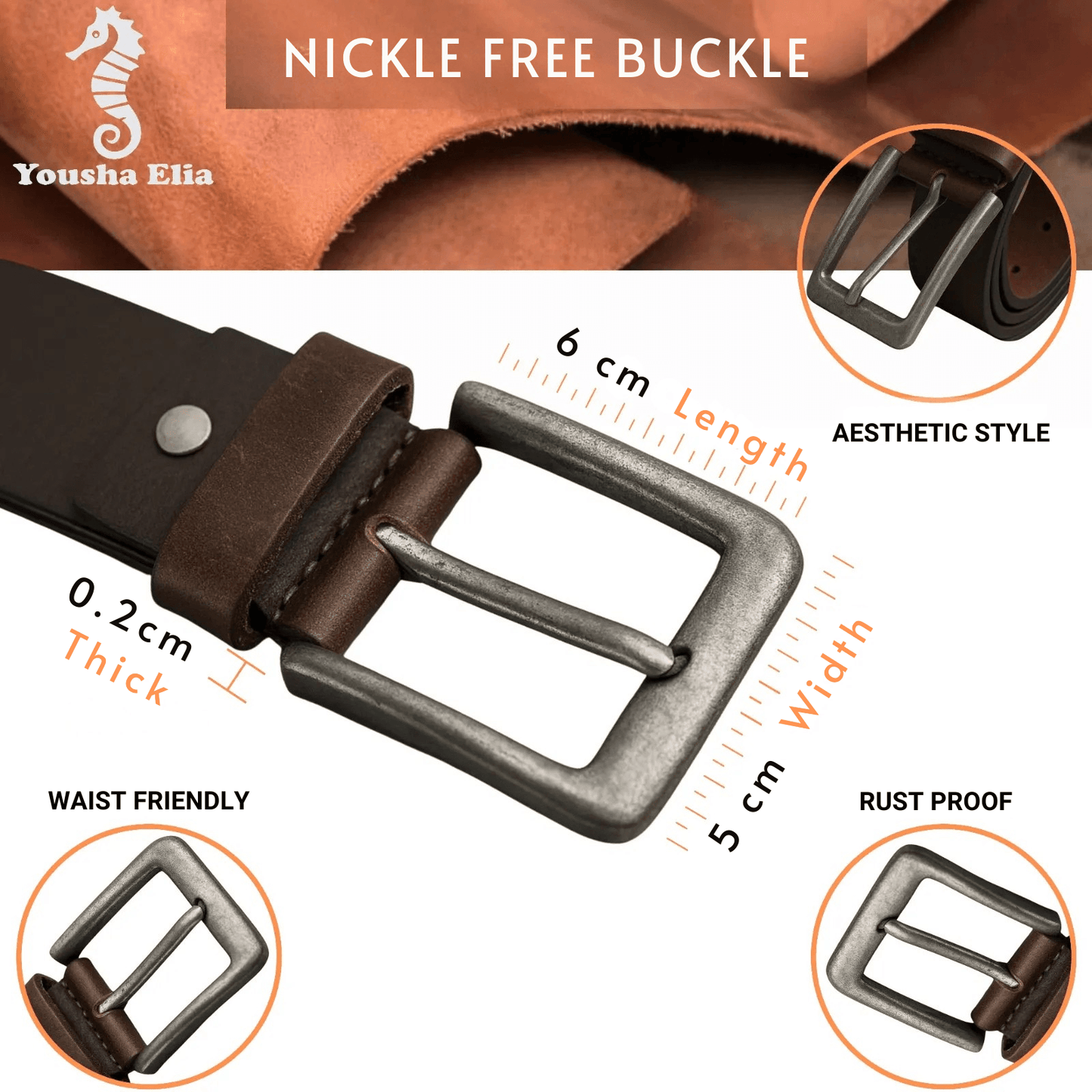 Brown leather belt with nickel-free buckle, showing measurements and features.