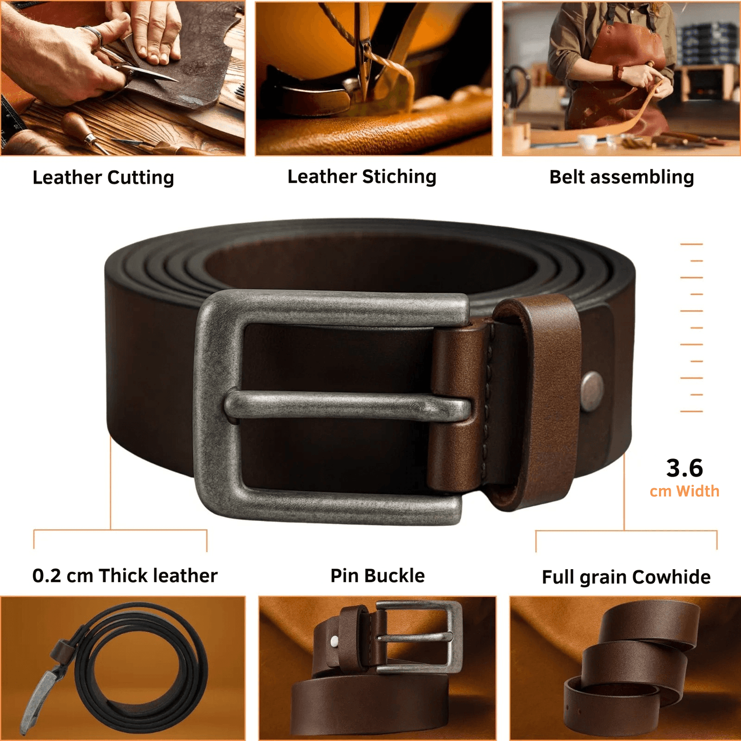 Brown leather belt with metal buckle, shown with assembly steps and material details.