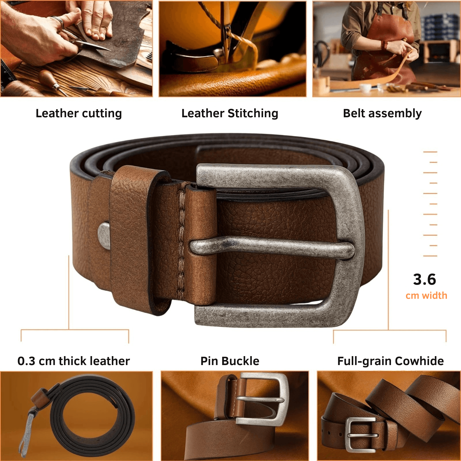 Brown leather belt with silver buckle, shown in various stages of assembly and close-up details.