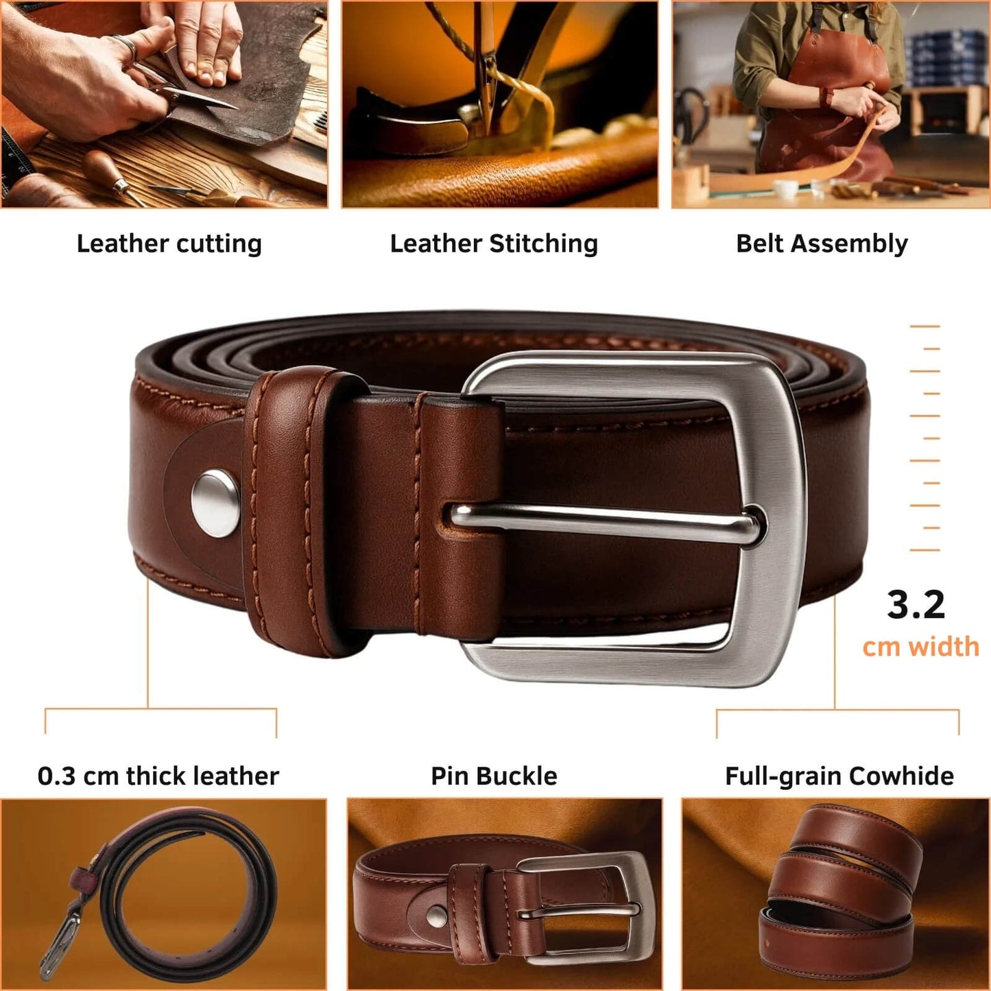 Brown leather belt with metal buckle, shown with assembly steps and specifications.