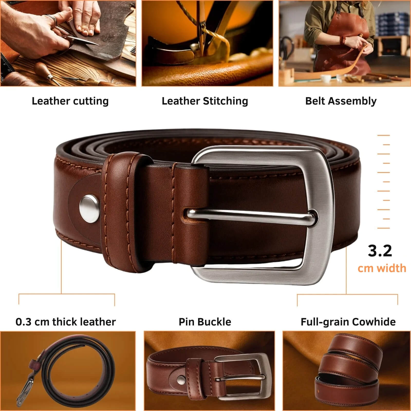 Brown leather belt with metal buckle, shown with assembly steps and specifications.