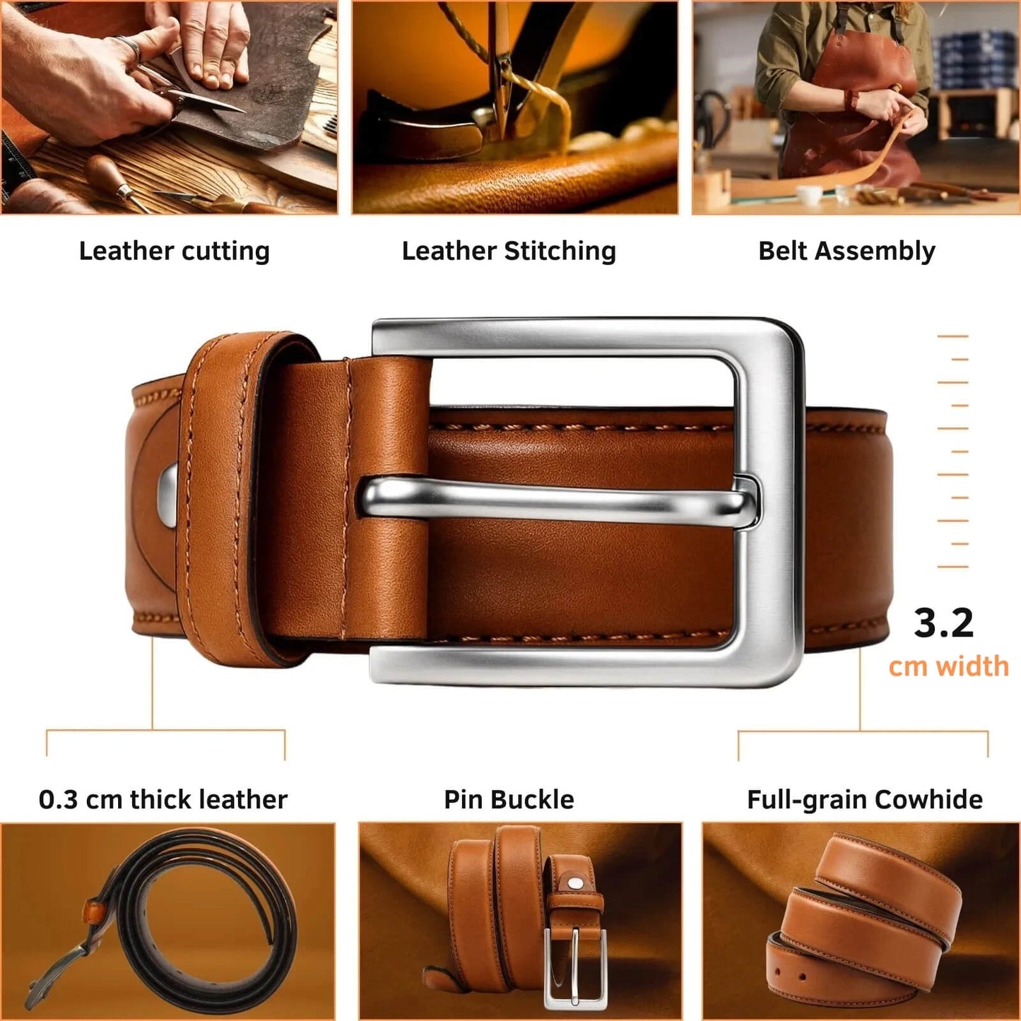 Brown leather belt with silver buckle, showing assembly process and material details.