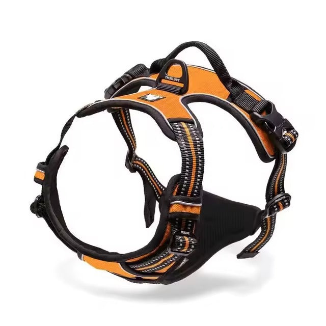Orange Truelove escape-proof dog harness with high-visibility stitching and secure buckles