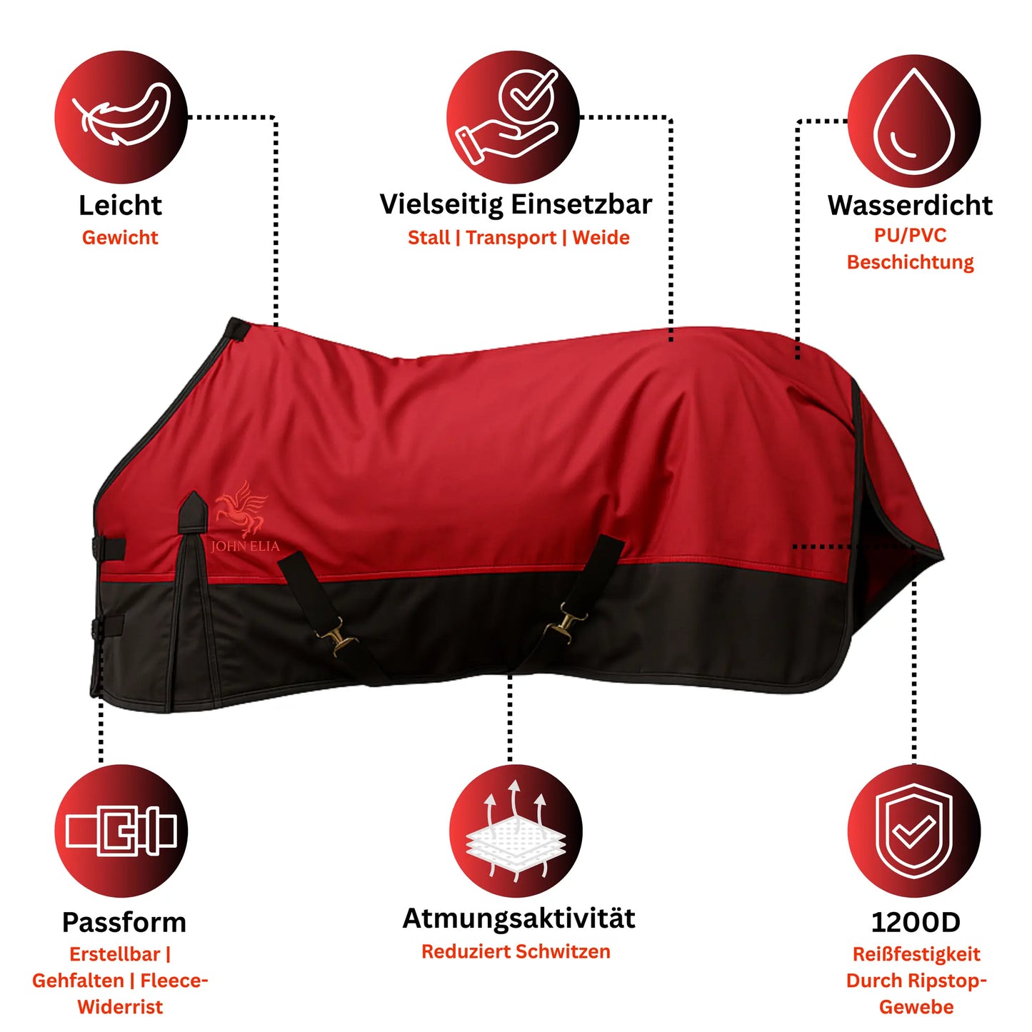 Red and black horse blanket with features highlighted on a white background