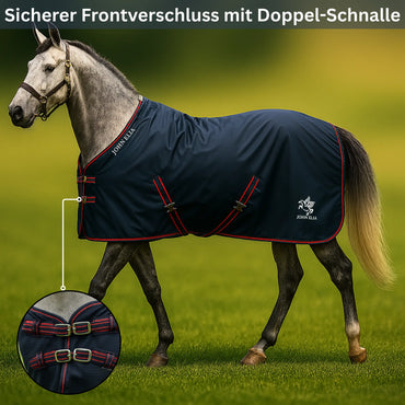 Horse wearing a navy blanket with double buckle design on a grassy field