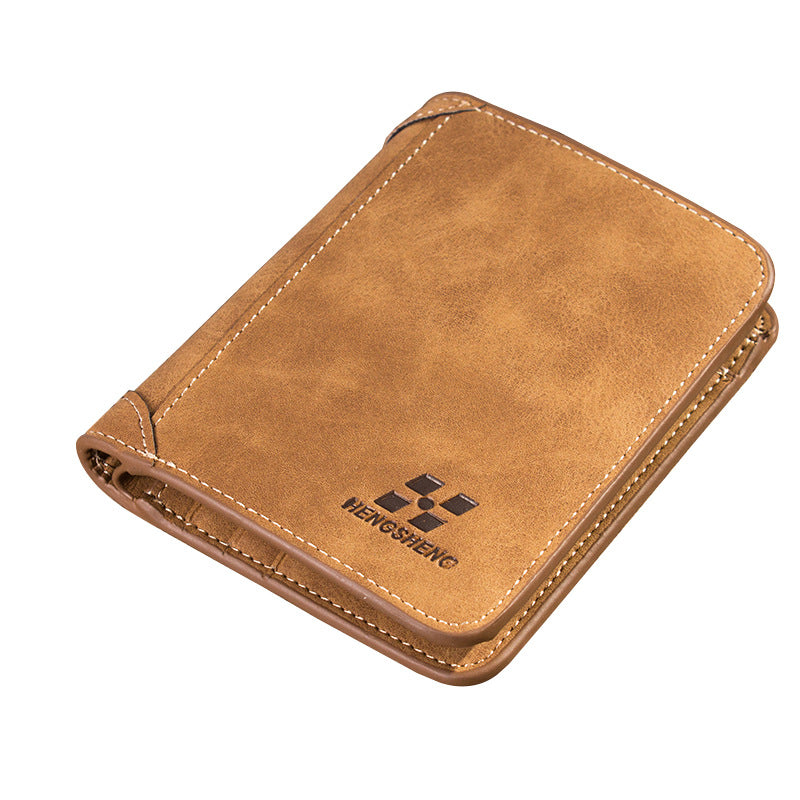 Brown leather wallet with a brand logo on a white background