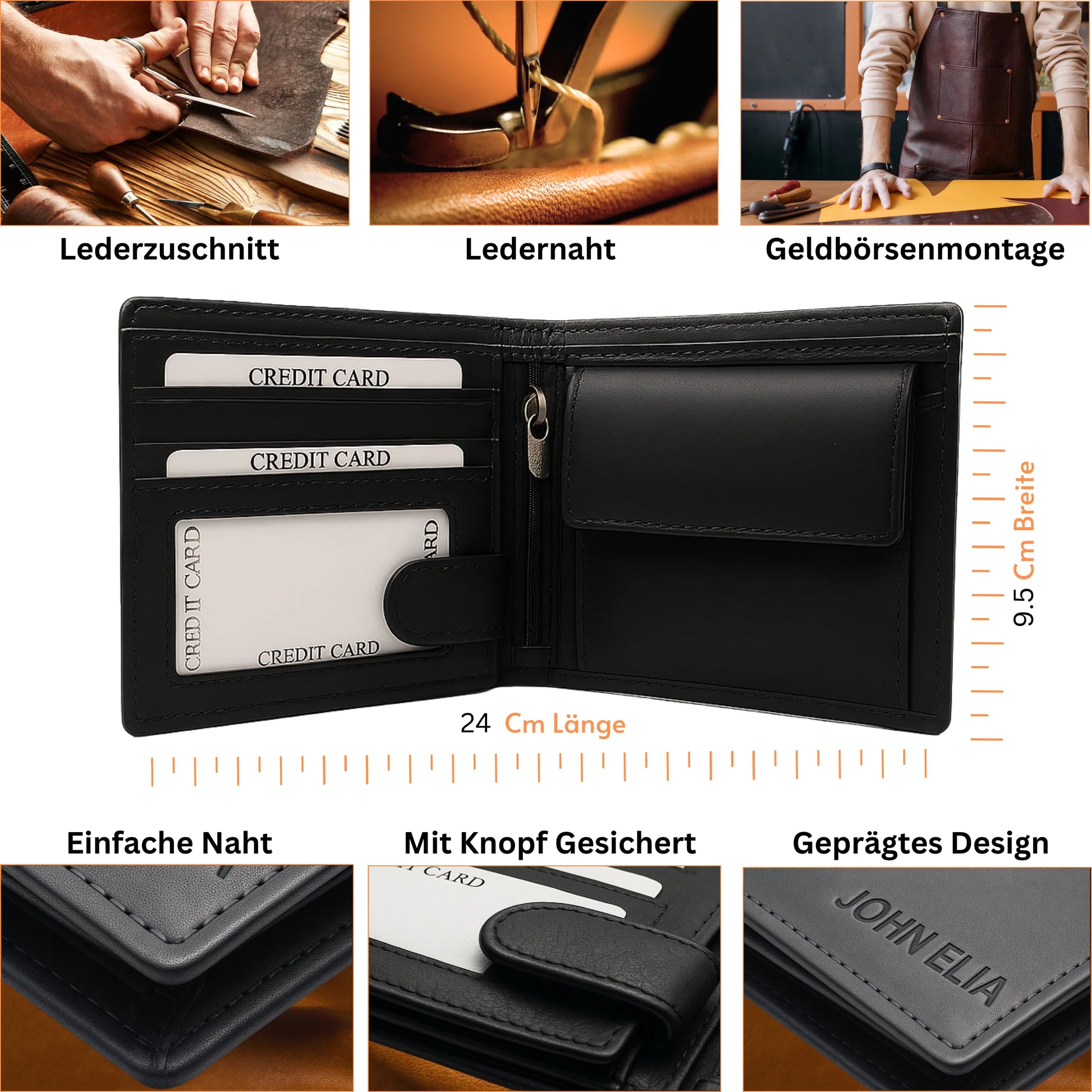 Black leather wallet with card slots, surrounded by images of leatherworking processes and product details.