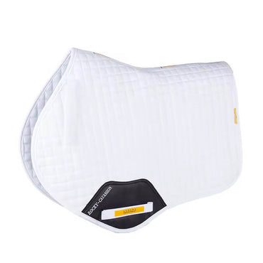 White saddle pad with a visible brand logo on a white background