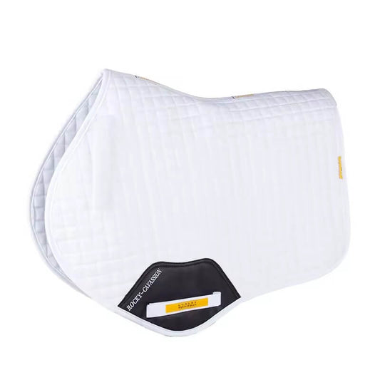 White saddle pad with a visible brand logo on a white background