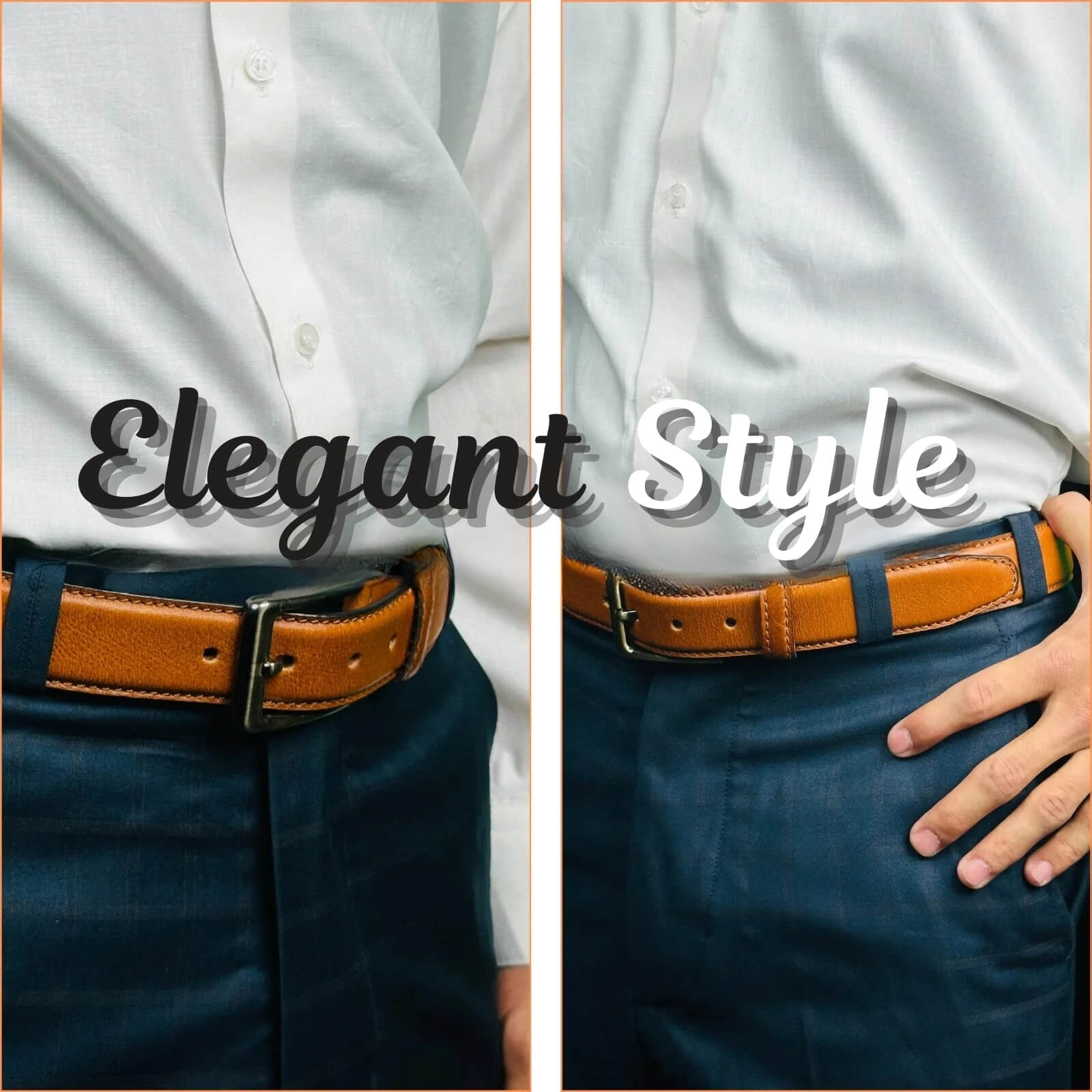 Two views of a person wearing a white shirt, brown belt, and blue pants with 'Elegant Style' text overlay.