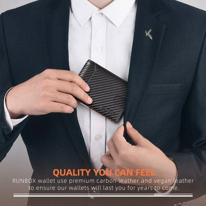 Person in a suit holding a carbon fiber pattern bifold wallet with a slim profile for everyday carry.