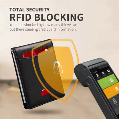 RFID-blocking slim wallet shown with payment cards.