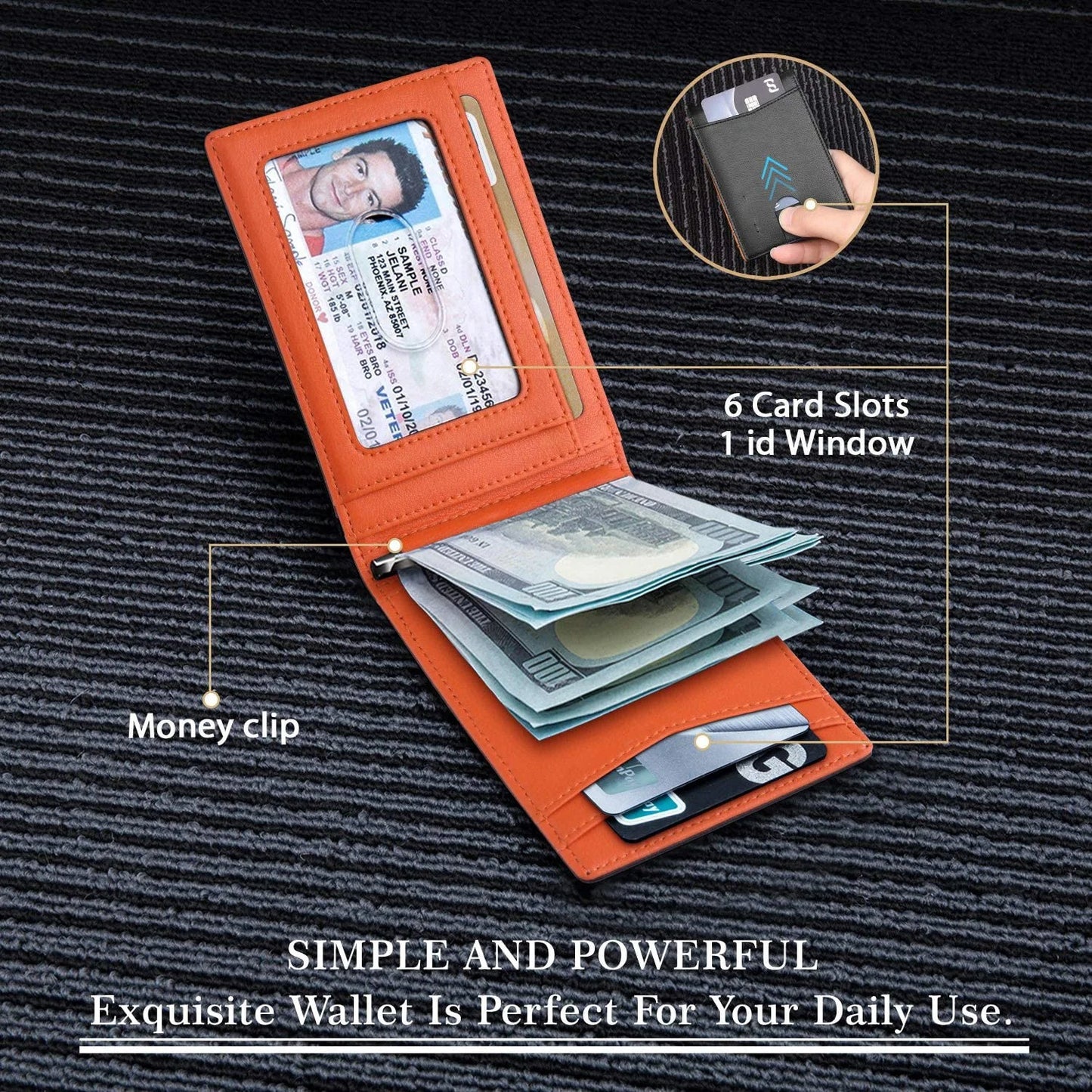 Slim wallet interior displaying ID window, card slots, and cash storage.