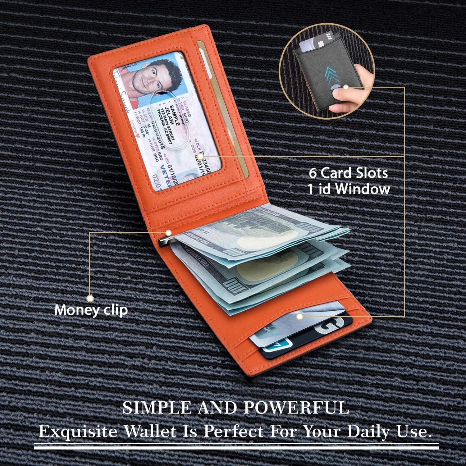 Slim wallet interior displaying ID window, card slots, and cash storage.